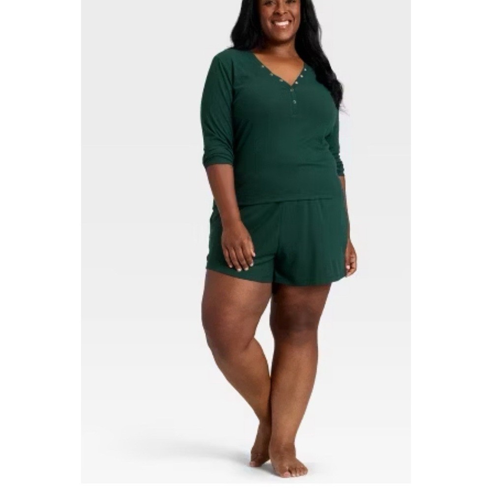 NWT Women's Size XXL, Auden Pajama Long Sleeve Top And Shorts Set, Ribbed Green - Picture 3 of 6